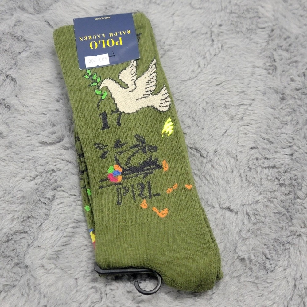 Polo Ralph Lauren Socks Mens 10-13 Green Peace Love Dove Sage Mid Calf Crew